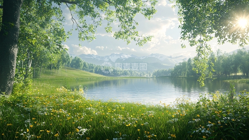 高清大图下载【趣麦麦图】阳光下的湖边草原