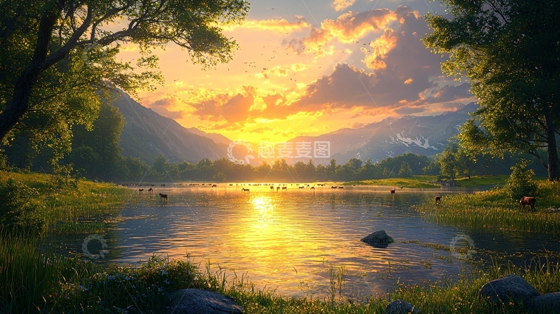 高清大图下载【趣麦麦图】夕阳西下湖光山色