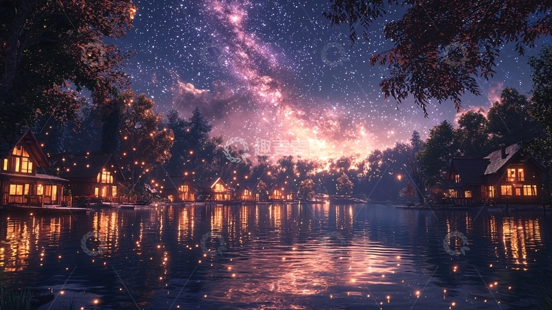 高清大图下载【趣麦麦图】星空下的湖边小屋