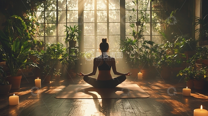 高清大图下载【趣麦麦图】阳光透过窗户照射瑜伽人