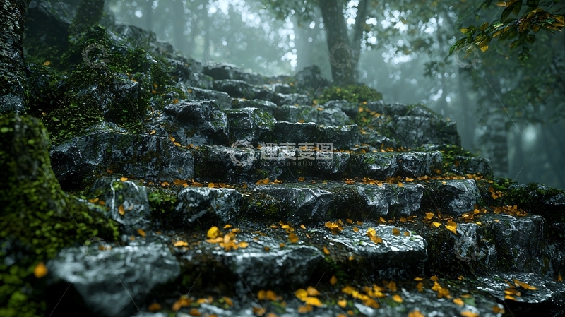 高清大图下载【趣麦麦图】雨中石阶