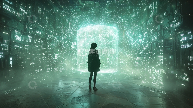 高清大图下载【趣麦麦图】未来感女孩站在数字立方体前