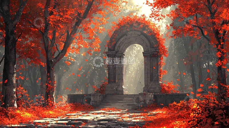 高清大图下载【趣麦麦图】秋日红叶古石拱门