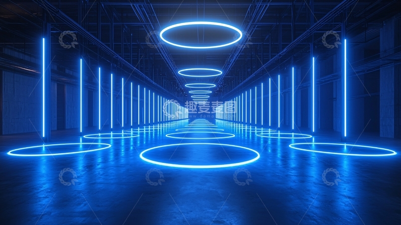 高清大图下载【趣麦麦图】蓝光霓虹灯走廊