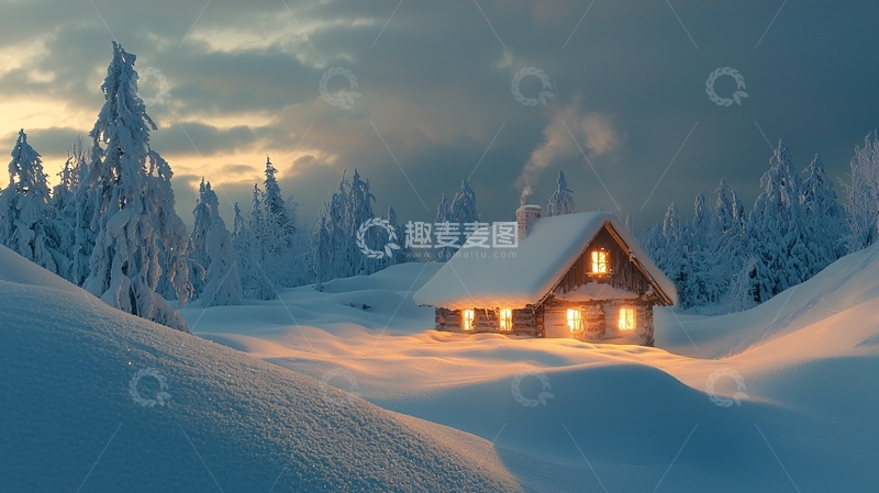 高清大图下载【趣麦麦图】雪山木屋黄昏
