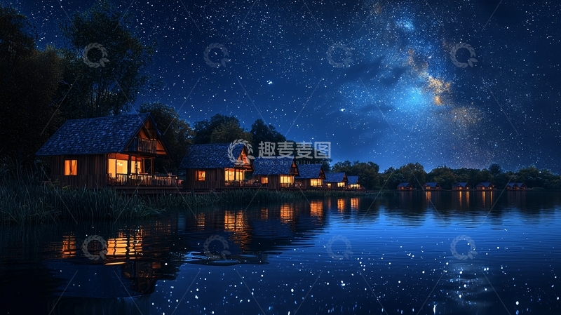 高清大图下载【趣麦麦图】星空下的湖边小屋