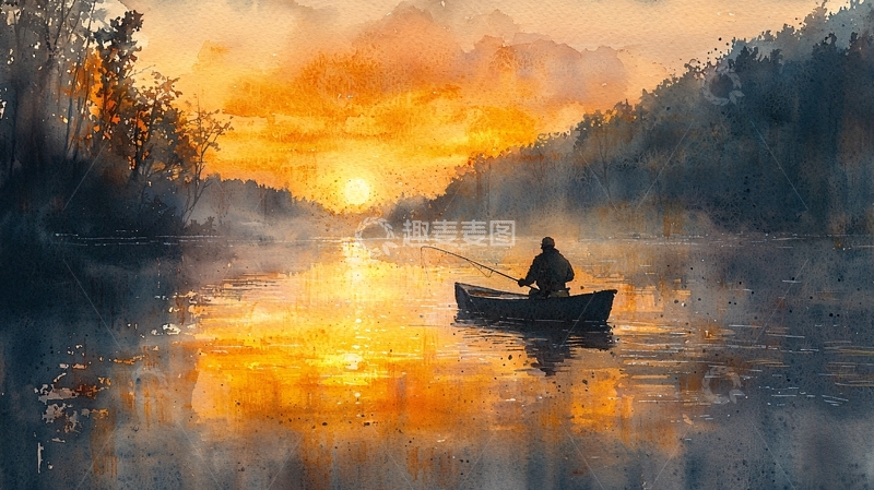 高清大图下载【趣麦麦图】日出时分宁静的泛舟垂钓