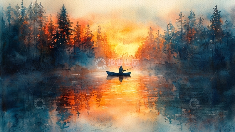 高清大图下载【趣麦麦图】日落湖边垂钓者