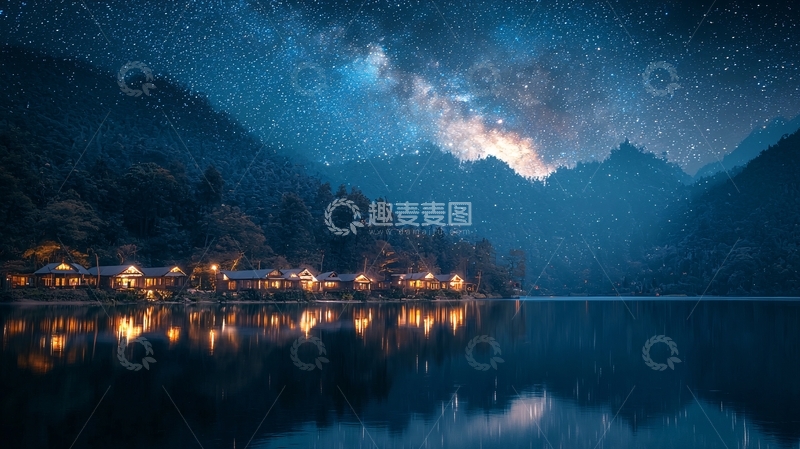 高清大图下载【趣麦麦图】星空下的湖边村庄