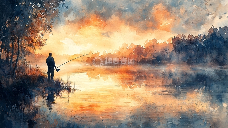 高清大图下载【趣麦麦图】清晨垂钓风景画