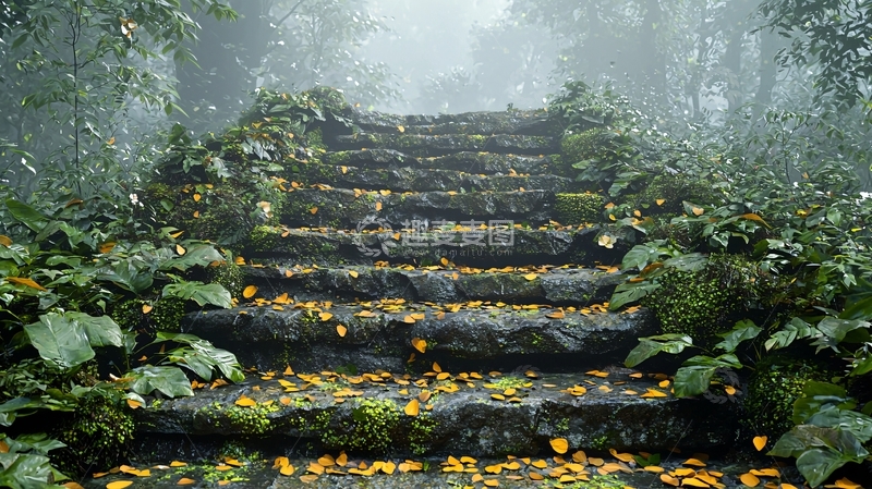 高清大图下载【趣麦麦图】雾气弥漫的石阶
