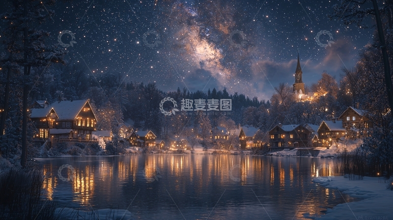 高清大图下载【趣麦麦图】冬夜雪景小镇