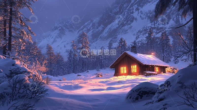 高清大图下载【趣麦麦图】雪山木屋夜景