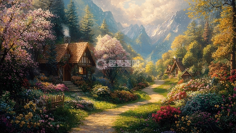高清大图下载【趣麦麦图】山间小屋春景图