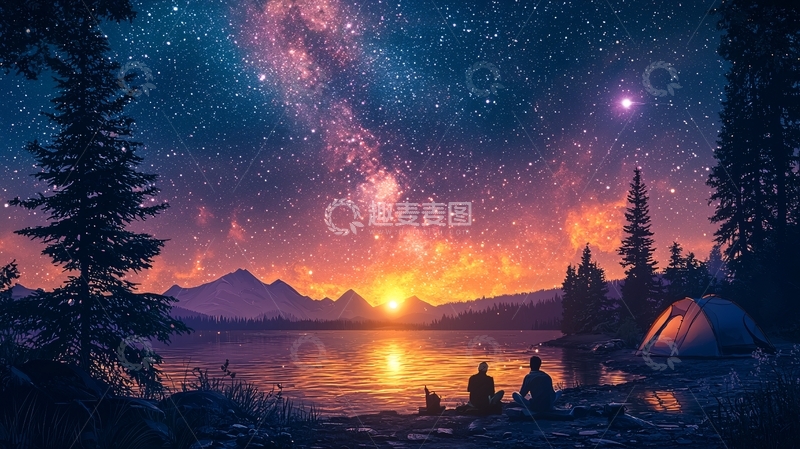 高清大图下载【趣麦麦图】星空下的湖边营地