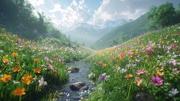 山谷溪流鲜花盛开