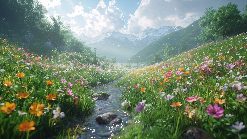高清大图下载【趣麦麦图】山谷溪流鲜花盛开