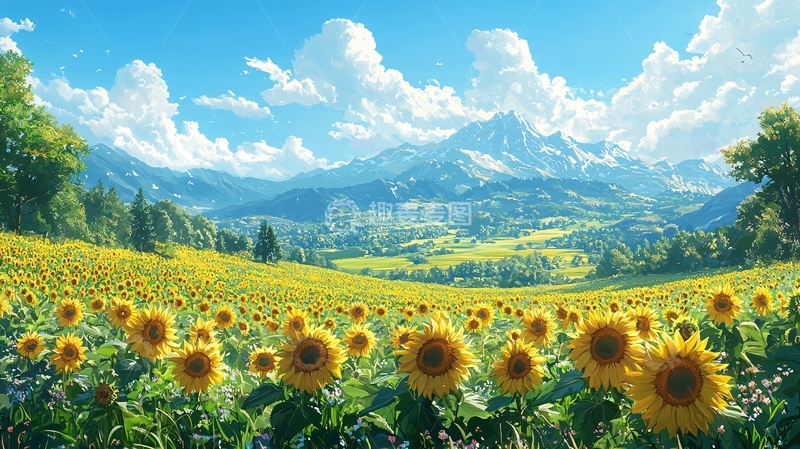 高清大图下载【趣麦麦图】向日葵花海雪山风景