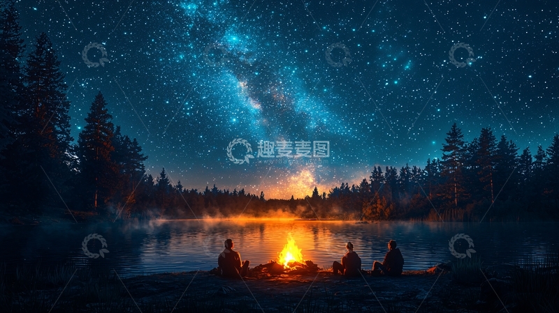 高清大图下载【趣麦麦图】星空篝火湖边夜宿