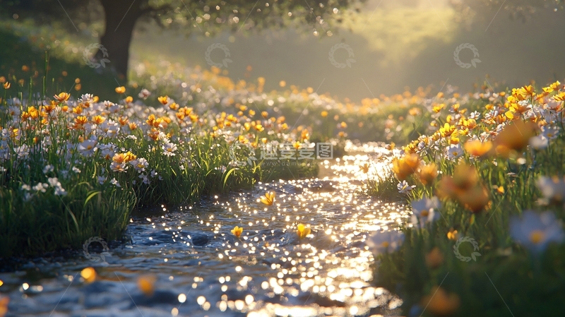 高清大图下载【趣麦麦图】阳光洒在花田溪流