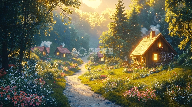 高清大图下载【趣麦麦图】清晨森林小村庄