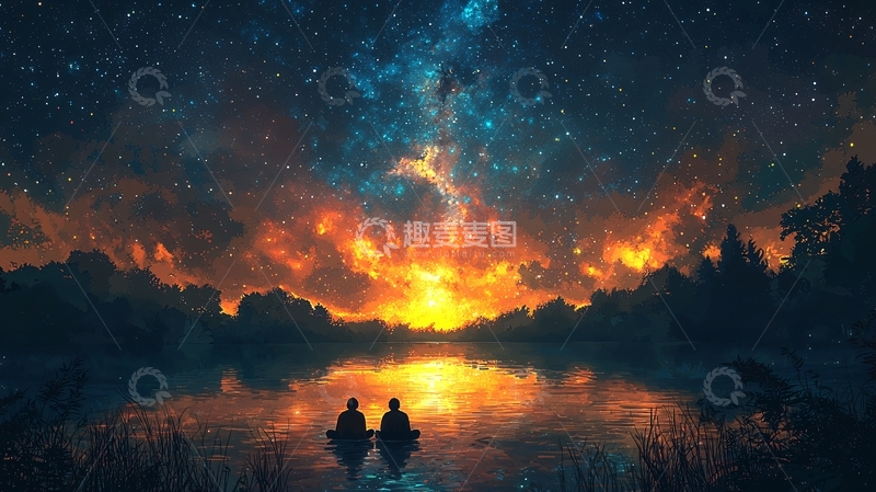 高清大图下载【趣麦麦图】星空情侣湖边小船