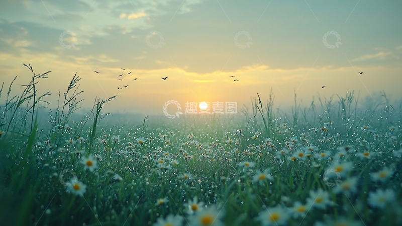 高清大图下载【趣麦麦图】清晨雾气田野花海日出