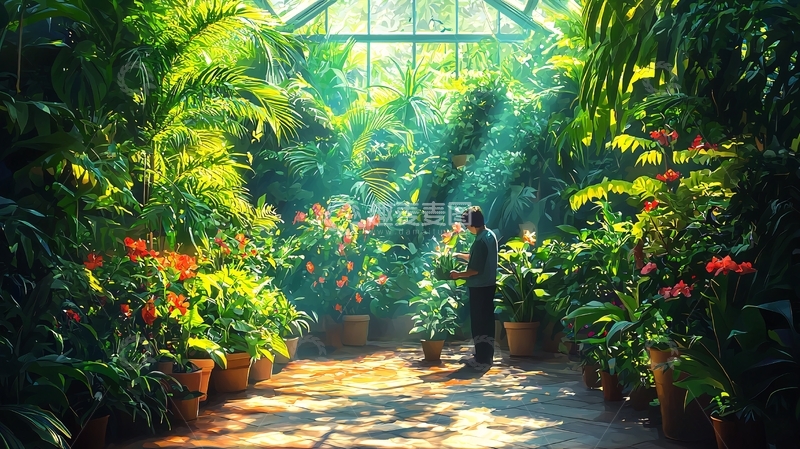 高清大图下载【趣麦麦图】阳光洒进温室花园