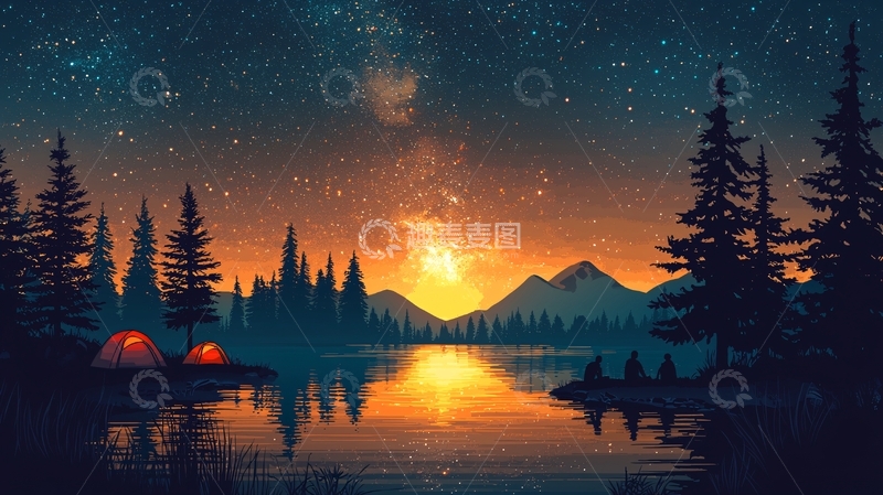 高清大图下载【趣麦麦图】星空下的湖边营地