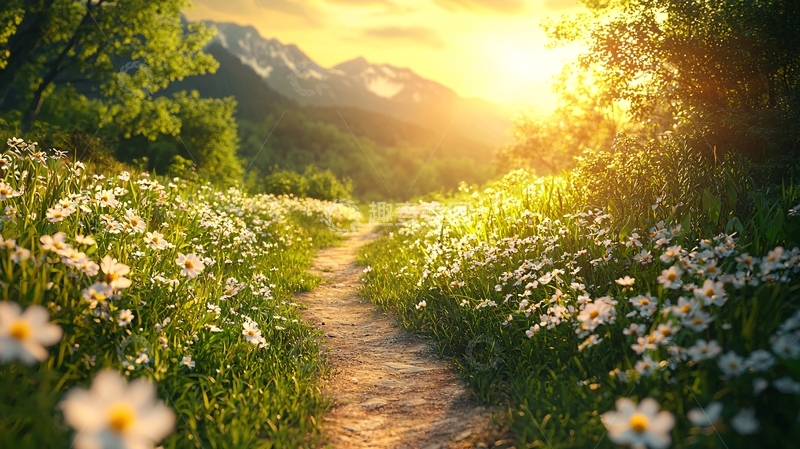 高清大图下载【趣麦麦图】山间小路日落花海