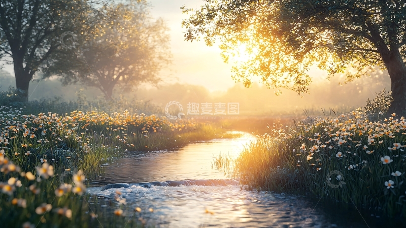 高清大图下载【趣麦麦图】清晨阳光下的田园小溪