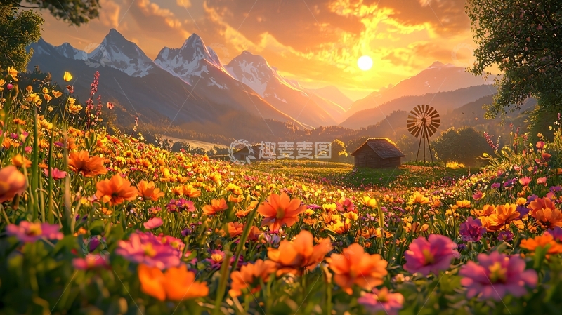 高清大图下载【趣麦麦图】日落雪山花海田园
