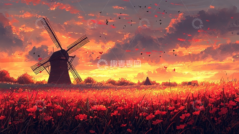 高清大图下载【趣麦麦图】夕阳下红色的罂粟花田