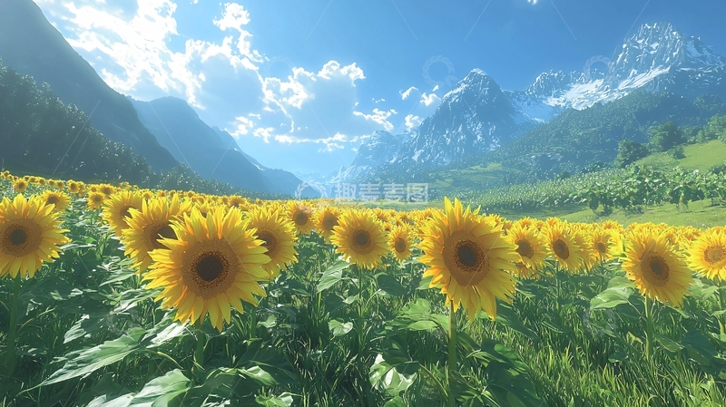 高清大图下载【趣麦麦图】向日葵花海山景