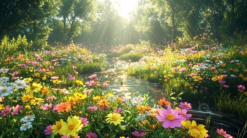 高清大图下载【趣麦麦图】阳光森林花海溪流