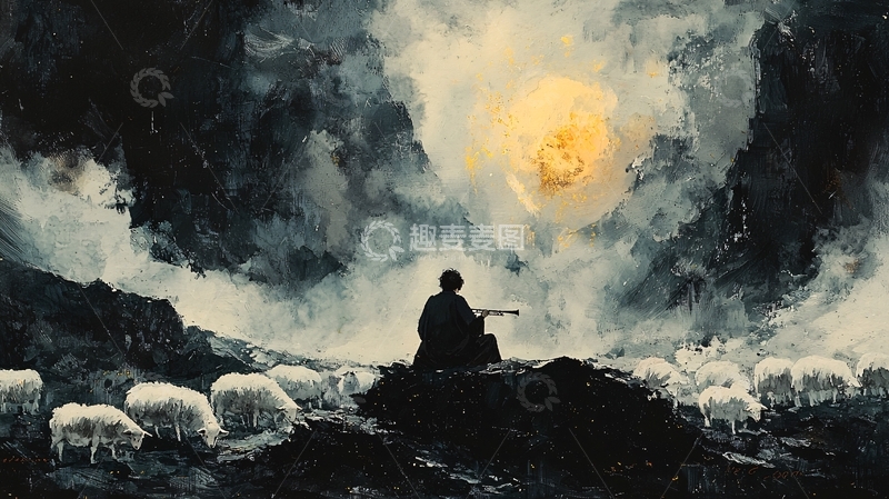 高清大图下载【趣麦麦图】黑暗中牧羊人与羊群