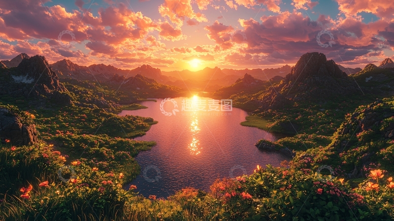 高清大图下载【趣麦麦图】夕阳西下湖光山色