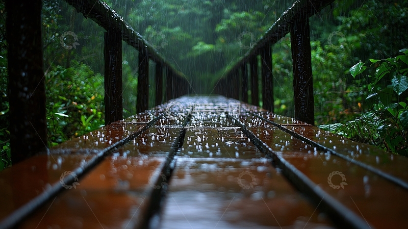 高清大图下载【趣麦麦图】雨中木桥