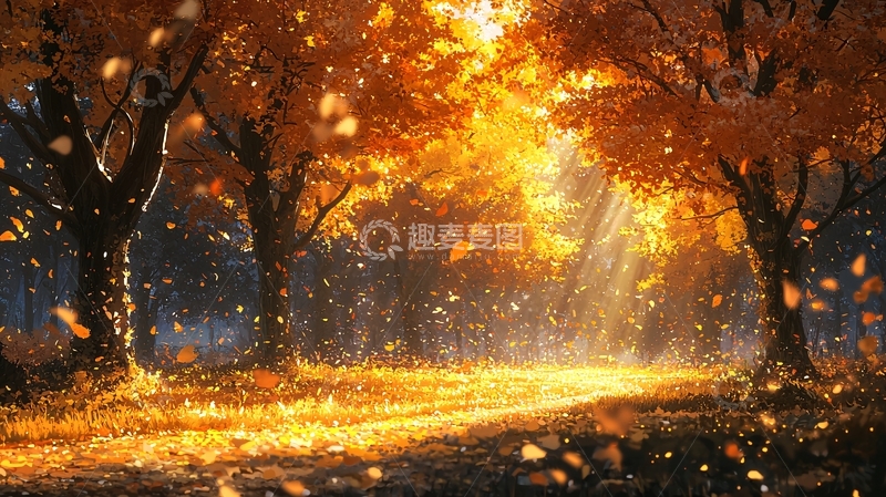 高清大图下载【趣麦麦图】金秋落叶森林阳光