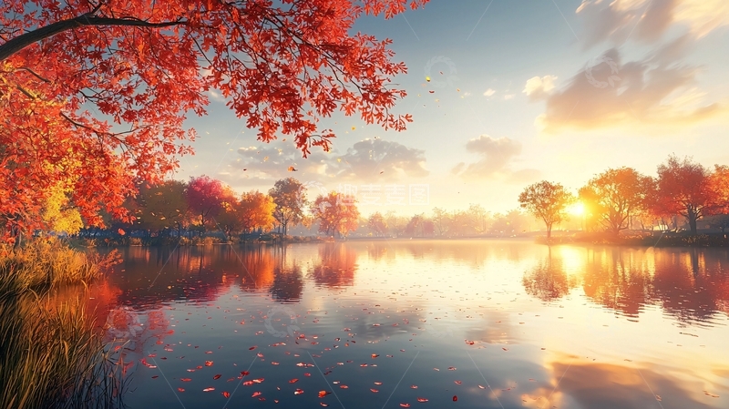 高清大图下载【趣麦麦图】秋日湖边红叶晨曦