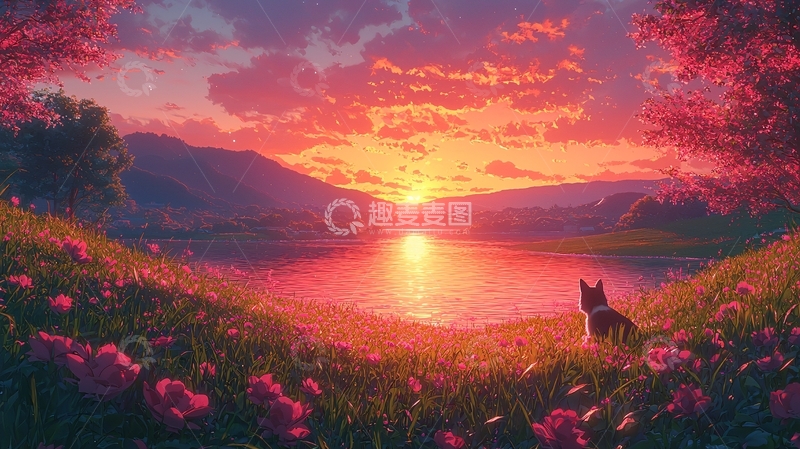 高清大图下载【趣麦麦图】唯美日落湖边小狗