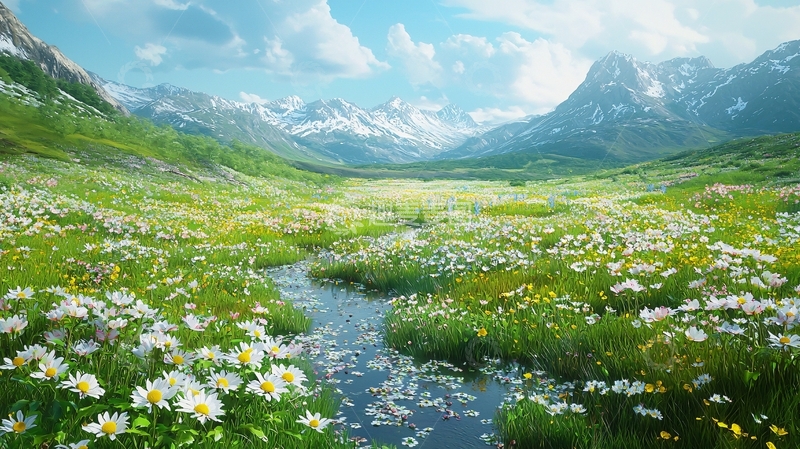 高清大图下载【趣麦麦图】山谷溪流野花盛开