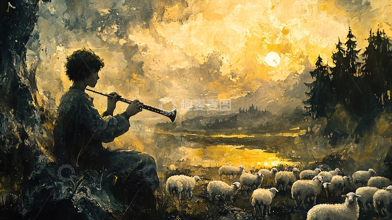高清大图下载【趣麦麦图】牧童吹笛黄昏景色