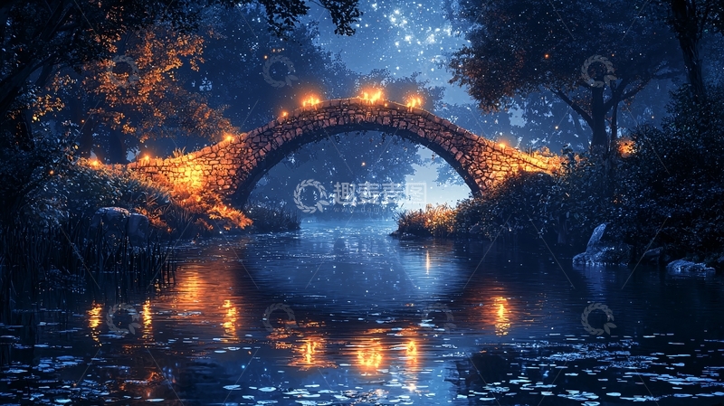 高清大图下载【趣麦麦图】夜晚森林拱桥