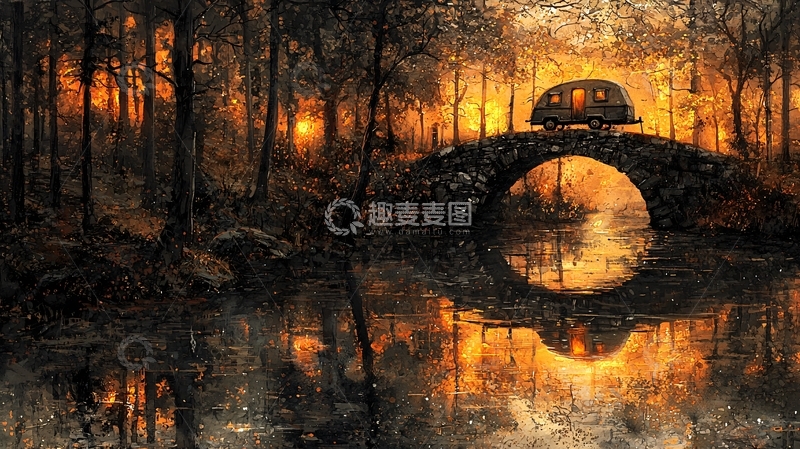高清大图下载【趣麦麦图】傍晚森林桥上房车