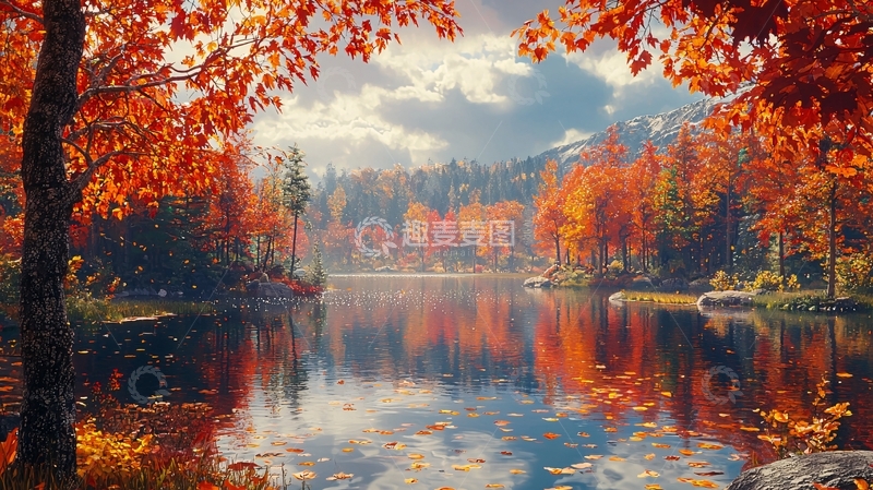 高清大图下载【趣麦麦图】秋日湖边红叶倒影