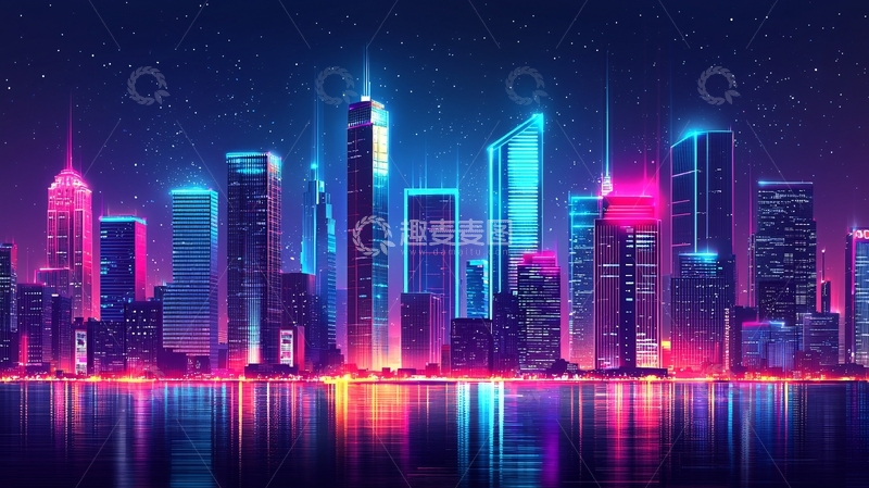 高清大图下载【趣麦麦图】霓虹灯城市夜景水面倒影