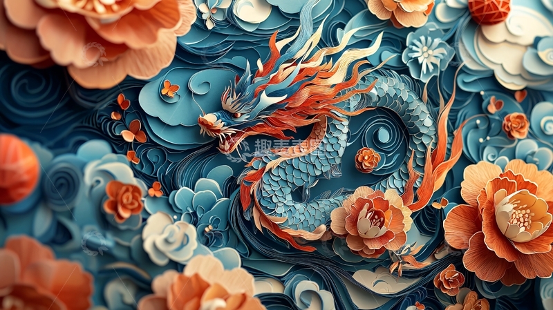 高清大图下载【趣麦麦图】祥云瑞龙剪纸风格
