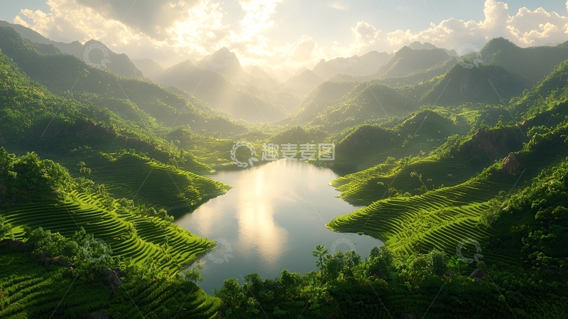 高清大图下载【趣麦麦图】阳光洒在山谷湖泊