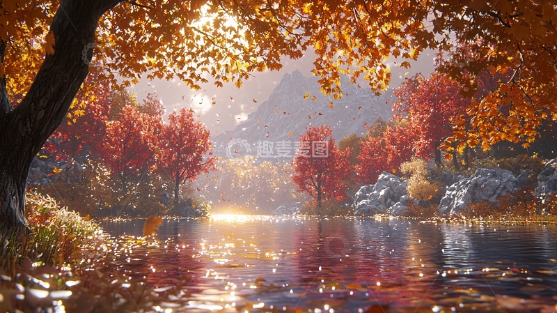 高清大图下载【趣麦麦图】秋日湖边红叶树林